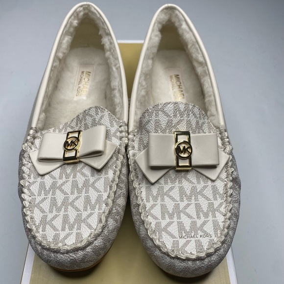 Michael Michael Kors Erica Vanilla Fur Suede Canvas Slipper Loafer Shoe Size 6 - Picture 1 of 7